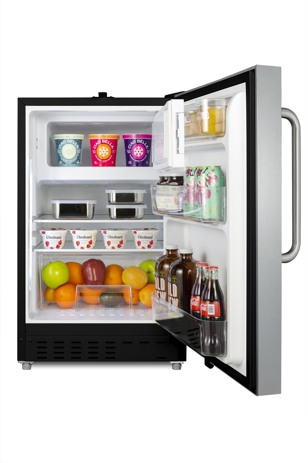 Built-in undercounter ADA compliant refrigerator-freezer with SS cabinet and door with a towel bar handle for residential use, manual defrost with glass shelves, front lock, and door storage
